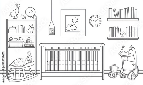 Baby room interior design, black and white, outline drawing.