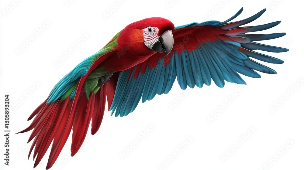 Fototapeta premium Vibrant Macaw in Flight with Colorful Feathers Gliding Against a White Background