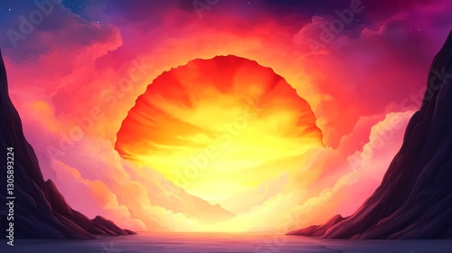 A vibrant sunset over a dramatic landscape. Warm colors dominate the scene, creating a mystical atmosphere.