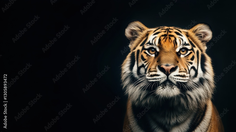 Fototapeta premium Majestic Close-Up Portrait of a Tiger with Striking Eyes Against a Dark Background