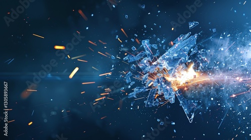 Dramatic explosion with bursting sparks shattering debris and a cloud of smoke   an intense cinematic and dynamic impact scene full of power and energy