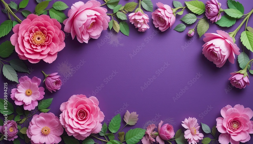 Obraz premium Floral arrangement display purple background decorative art home decor top view elegance