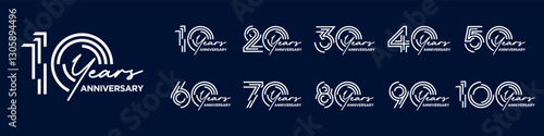 collection anniversary 10 to 100 year logo designs. abstract number for celebration event, wedding, greeting card, and invitation, vector illustration