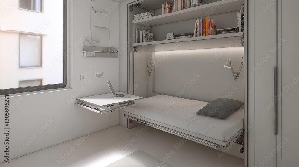Compact multifunctional studio with a built-in wall bed, fold-out desk, and wall shelves to optimize space for work and living