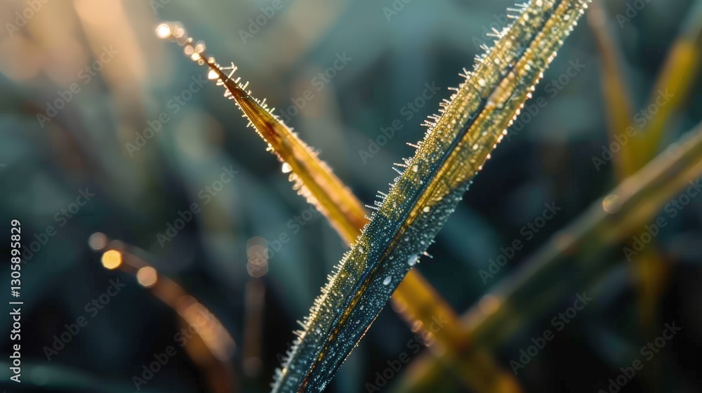 Fototapeta premium Close-up of dewy grass blades in soft morning light