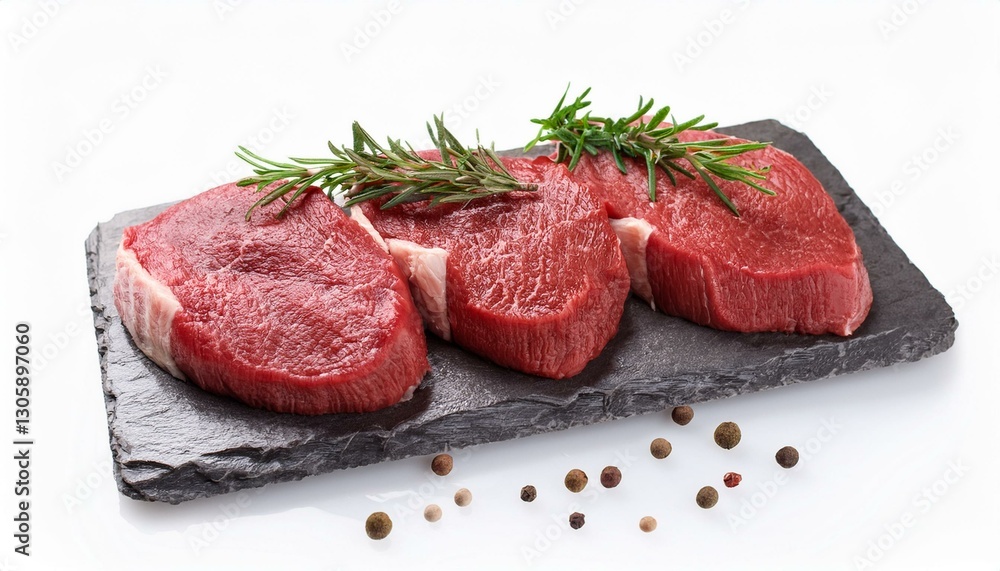 raw beef steaks with herbs and spices ready for cooking on white background raw beef steaks with herbs and spices ready for cooking on white background