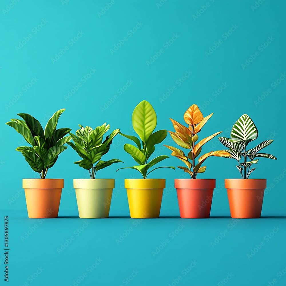 Fototapeta premium Colorful Houseplants in Pots on Blue Background