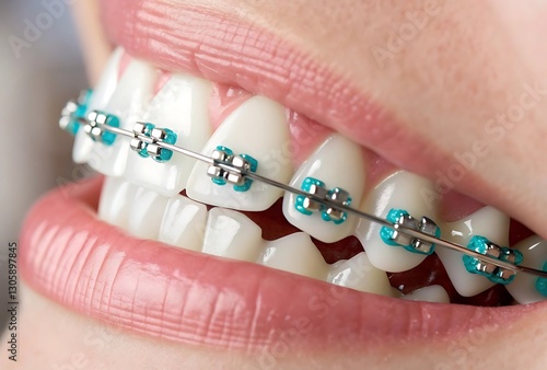 Braces on teeth with blue bands, close-up view, dental care, orthodontic treatment, smiling mouth, healthy smile, straight teeth, metal brackets.
