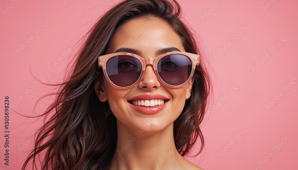 Smiling woman wearing sunglasses studio portrait pink background close-up summer vibes Smiling woman wearing sunglasses studio portrait pink background close-up summer vibes