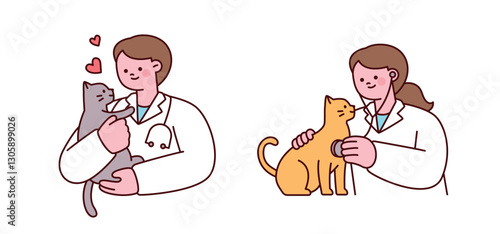 Cute illustration of veterinarians caring for cats, including a check-up and affectionate hugging. Adorable and warm pet healthcare concept.