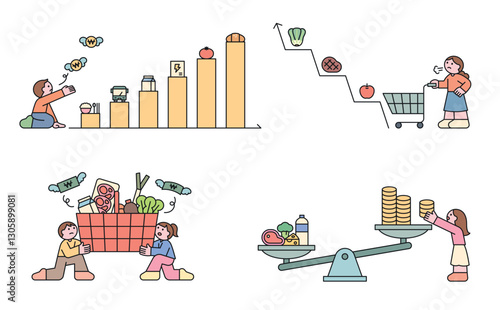 Illustration of rising living costs, inflation, food prices, and economic struggles. Concept of financial burden, grocery expenses, and cost of living.