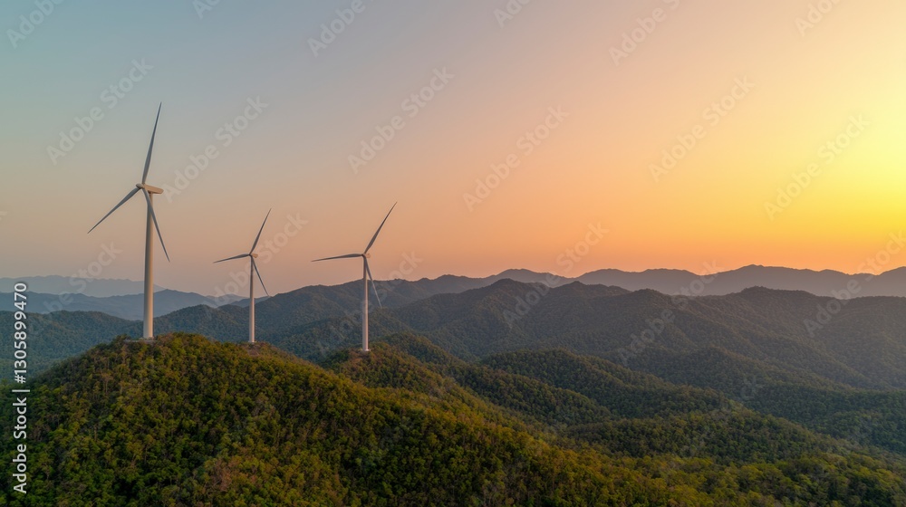 Wind Turbines on Mountain Ridge at Sunset Clean Energy Renewable Power Landscape Wind Turbines on Mountain Ridge at Sunset Clean Energy Renewable Power Landscape