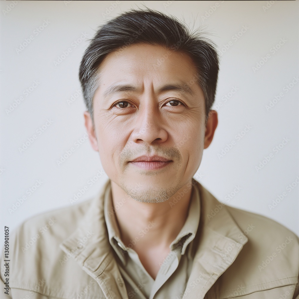 Fototapeta premium Confident Asian Man Smiling in Studio Portrait: Emooting Style and Tranquility