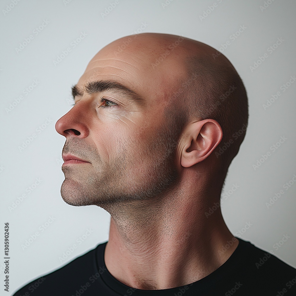 Obraz premium Bald Man Profile Portrait: Serious Expression in Minimalist Style with Strong Jawline - Artistic Photography
