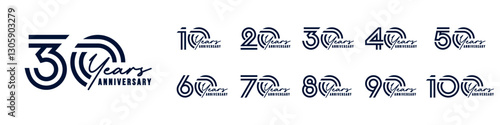 collection anniversary 10 to 100 year logo designs. abstract number for celebration event, wedding, greeting card, and invitation, vector illustration
