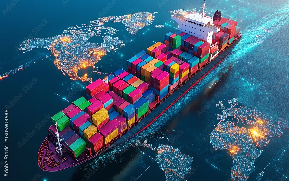 Fototapeta premium Vibrant container ship crossing a digital map of the world, loaded with colorful shipping containers, representing international shipping, global trade, and logistics
