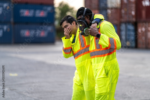 Obraz na płótnie industrial workers in high-visibility suits assist each other after a hazardous incident near a shipping container