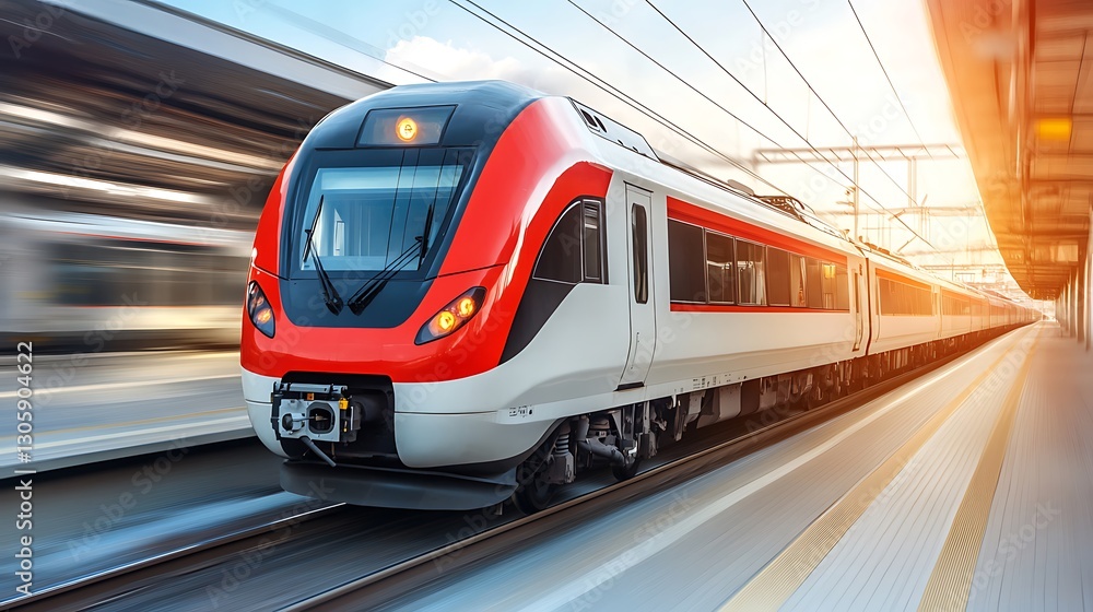 Fototapeta premium High Speed Train Arriving at Modern Station Platform