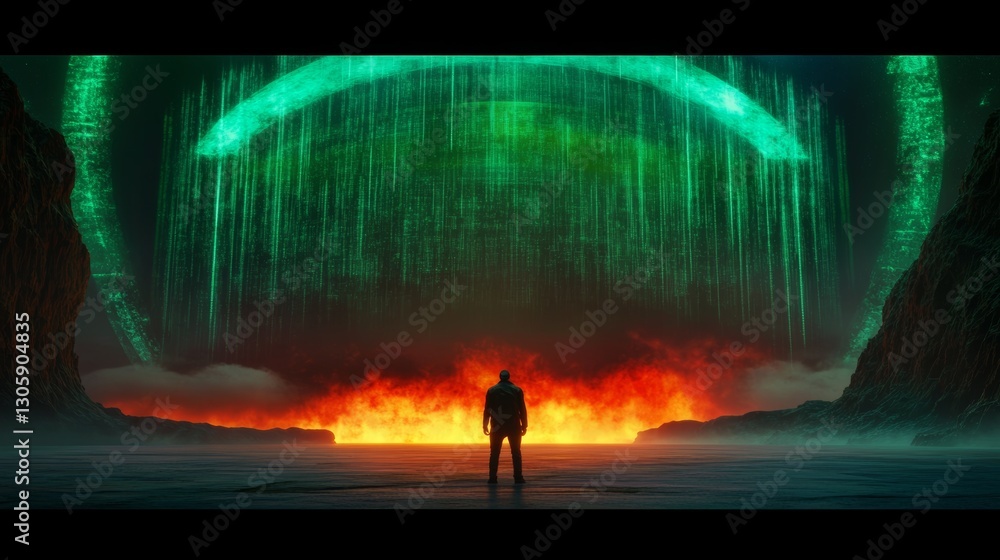 Fototapeta premium Silhouetted figure stands before a fiery landscape and a mesmerizing green digital rain.