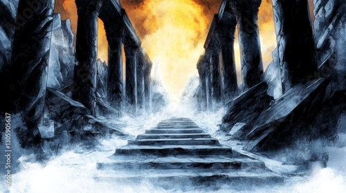 A mystical staircase leads upward through ancient ruins, bathed in an ethereal, orange and blue light.  A sense of mystery and wonder permeates the scene.