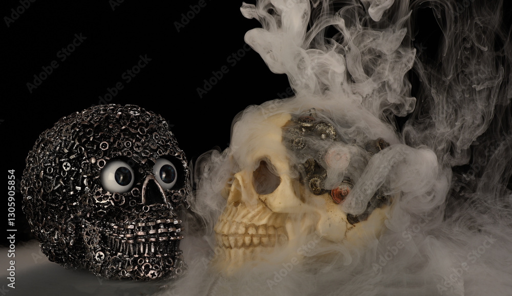 Naklejka premium Skull made from bolts and cogs home made skull with cogs for brains dramatic day of dead statue made from silicon mould and hand painted by photographer