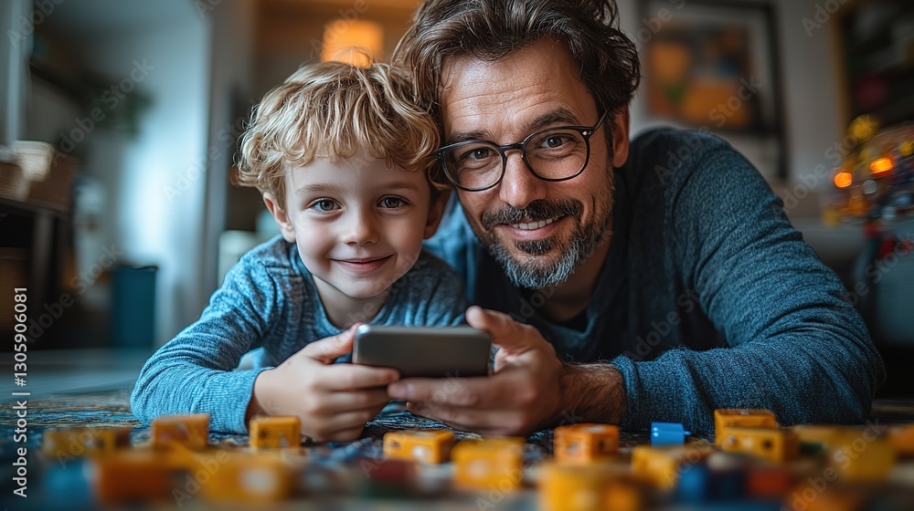 Fototapeta premium Father, son lying on floor use phone for selfie. Dad shows son tech skills. Happy family indoor. Fun weekend activity. Tech use in safe way for children. Digital literacy for kids, 32k Resolution 
