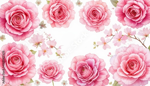 Blooming pink roses botanical garden floral illustration vibrant colors aesthetic design