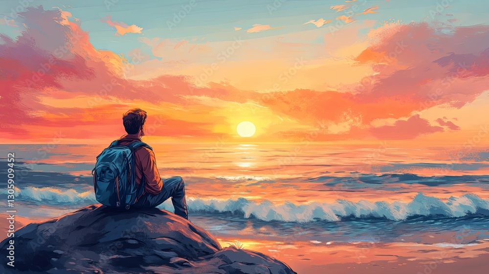 Man Backpack Ocean Sunset Peaceful Serene View Man Backpack Ocean Sunset Peaceful Serene View