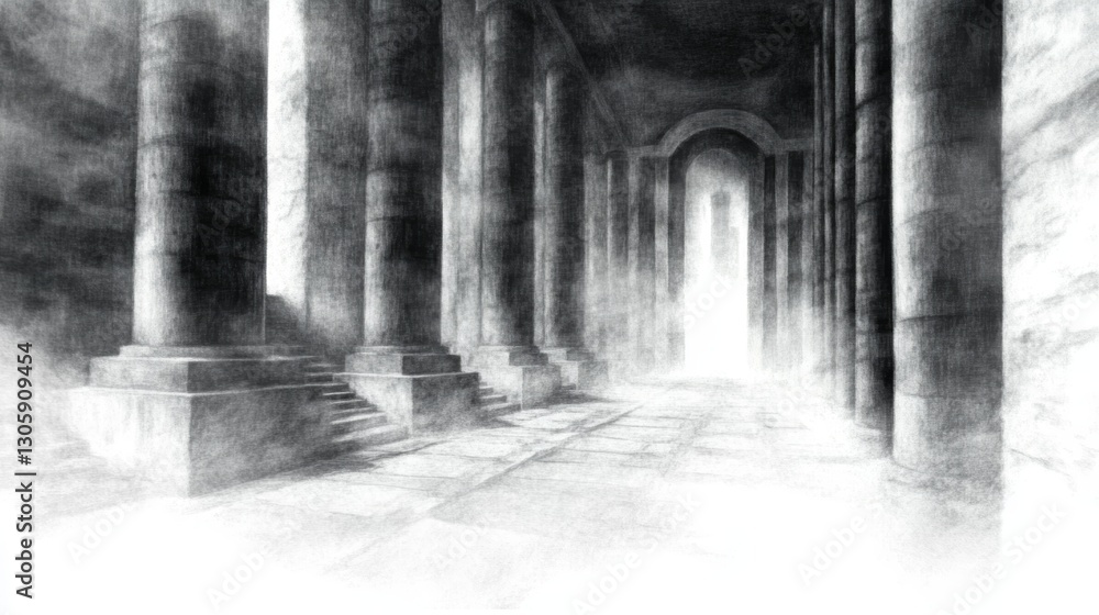Obraz premium A grayscale drawing of a majestic hall with towering columns and a bright light at the end, creating a sense of mystery and awe.