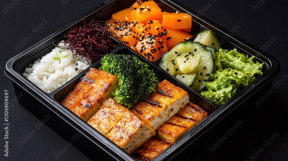A modern take on a Japanese bento featuring grilled tofu, vibrant pickled vegetables, and fragrant basmati rice A modern take on a Japanese bento featuring grilled tofu, vibrant pickled vegetables, and fragrant basmati rice