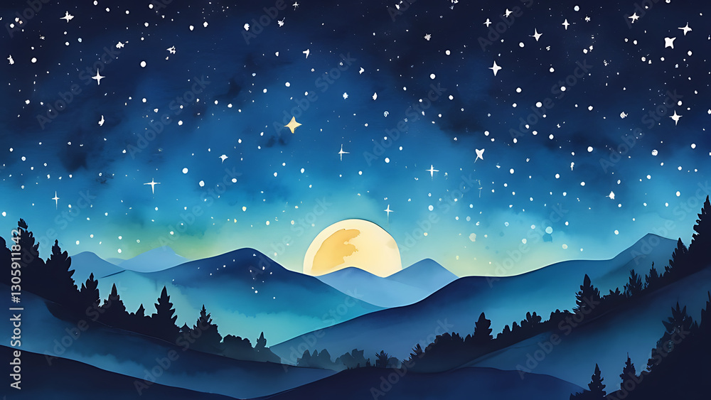 Fototapeta premium Watercolor Night Sky with Moon over Mountains and Pine Trees Illustration