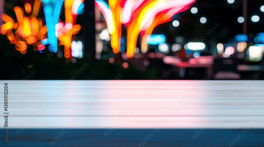 Fototapeta premium Empty Wooden Table at Night Restaurant Background City Lights Blurred Bokeh
