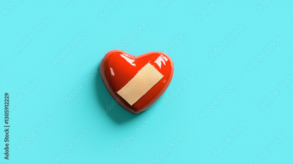 Red Heart With Bandage Representing Healing and Compassion on Turquoise Background