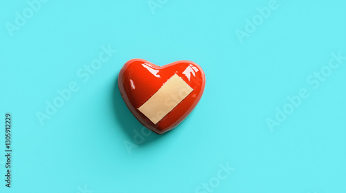 Obraz na płótnie Red Heart With Bandage Representing Healing and Compassion on Turquoise Background w salonie