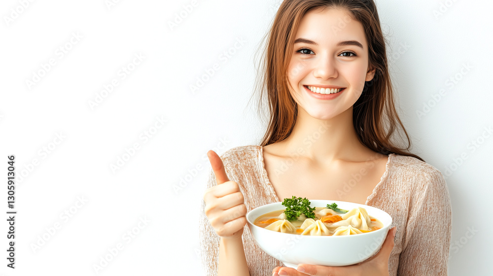 Happy Food Lover Enjoying Wonton Soup with Dumplings Happy Food Lover Enjoying Wonton Soup with Dumplings