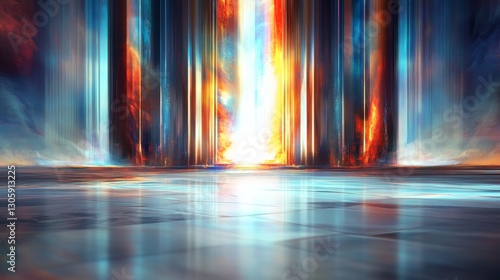 Wallpaper Mural Abstract digital art depicting a futuristic, vibrant scene with glowing pillars and a reflective floor.  A portal of light is at the center. Torontodigital.ca