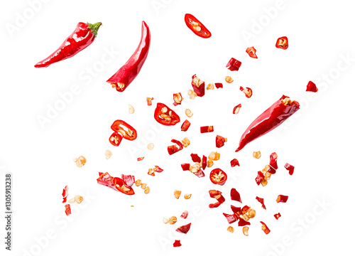 Fototapeta Naklejka Na Ścianę i Meble -  Scattered sliced red chili peppers with seeds and chopped pieces on a transparent background, fiery spice ingredient, dynamic food composition for culinary and seasoning designs