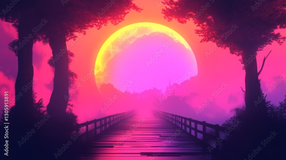 Naklejka premium A surreal, vibrant pink and purple sunset scene. A wooden bridge leads towards a large, glowing moon.