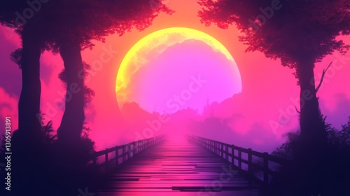 A surreal, vibrant pink and purple sunset scene. A wooden bridge leads towards a large, glowing moon.
