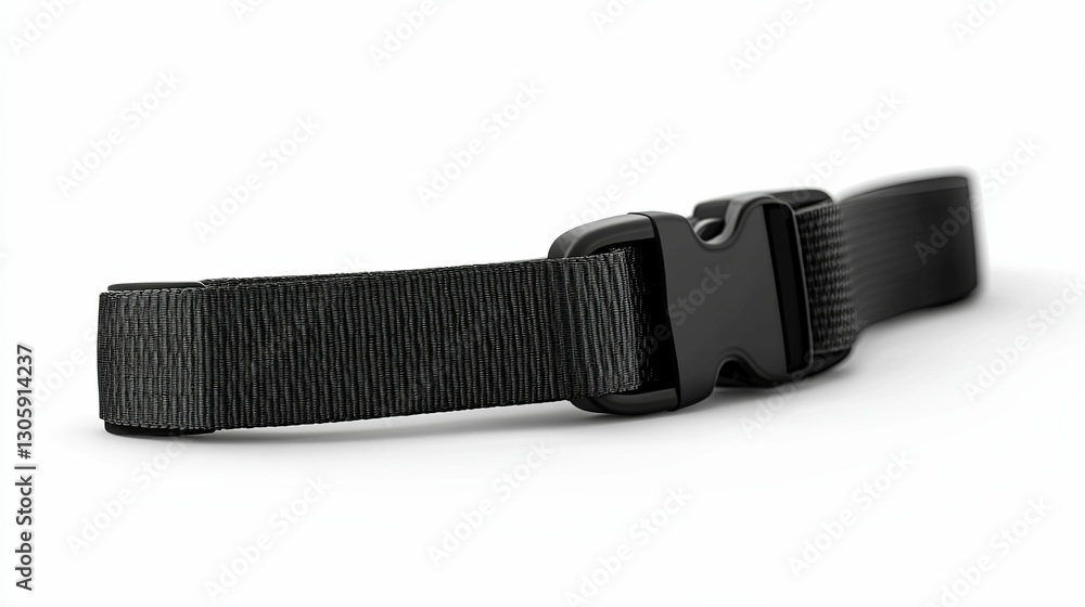 Black nylon strap with plastic buckle shown on white background Black nylon strap with plastic buckle shown on white background
