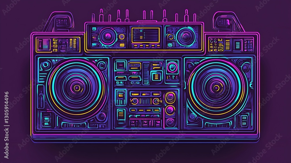 Obraz premium Neon Boombox 80s Retro Music Player Illustration.