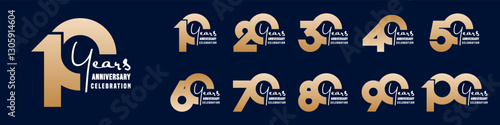 collection anniversary 10 to 100 year logo designs. abstract number for celebration event, wedding, greeting card, and invitation, vector illustration