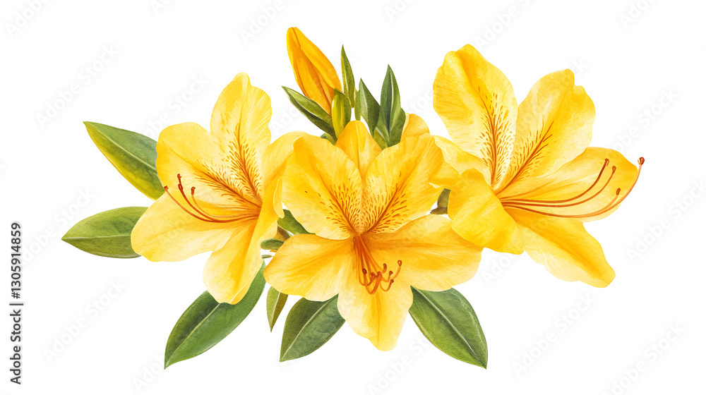 Obraz premium Three yellow flowers with green leaves. The flowers are arranged in a row