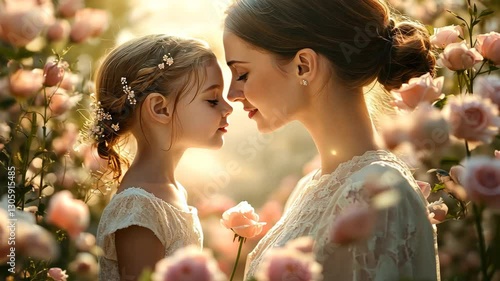 Tender Portrait of Love and Connection Woman and Girl in Rose Garden Surrounded by Beautiful Flowers and Sunlight