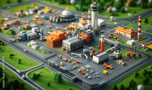 Miniature industrial airport hub with logistics center