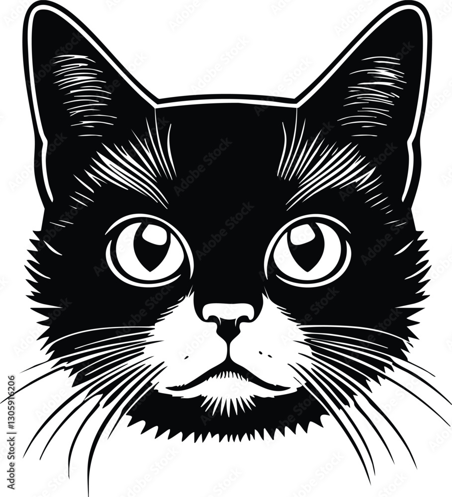 Fototapeta premium Cat face portrait, black outline clipart style illustration, transparent background vector