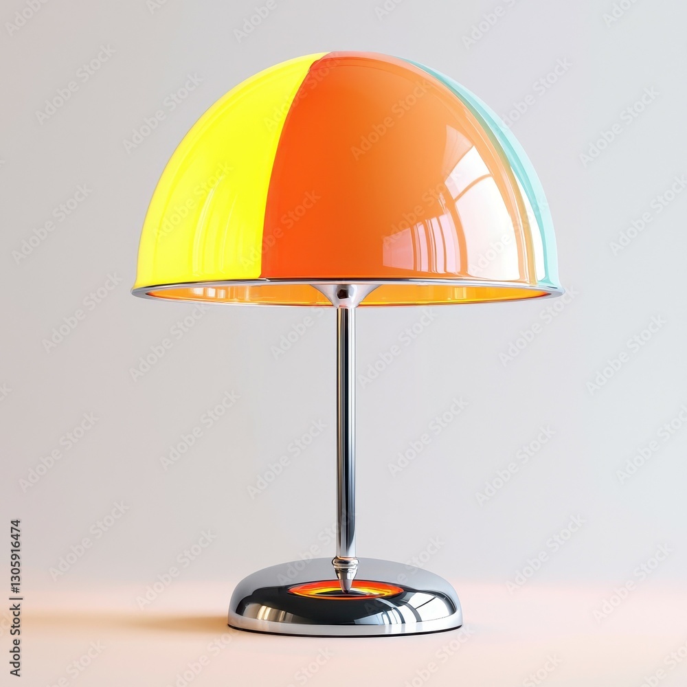 A modern, colorful lamp with a chrome base and a dome-shaped, multicolored shade, adding style and brightness to any space. A modern, colorful lamp with a chrome base and a dome-shaped, multicolored shade, adding style and brightness to any space.
