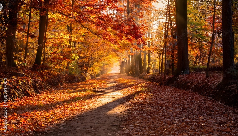 Obraz premium Golden Autumn Pathway Through a Sunlit Forest, Sunlit Forest Pathway Dressed in Fiery Autumn Hues, Tranquil Walkway Amidst Vibrant Autumn Foliage.