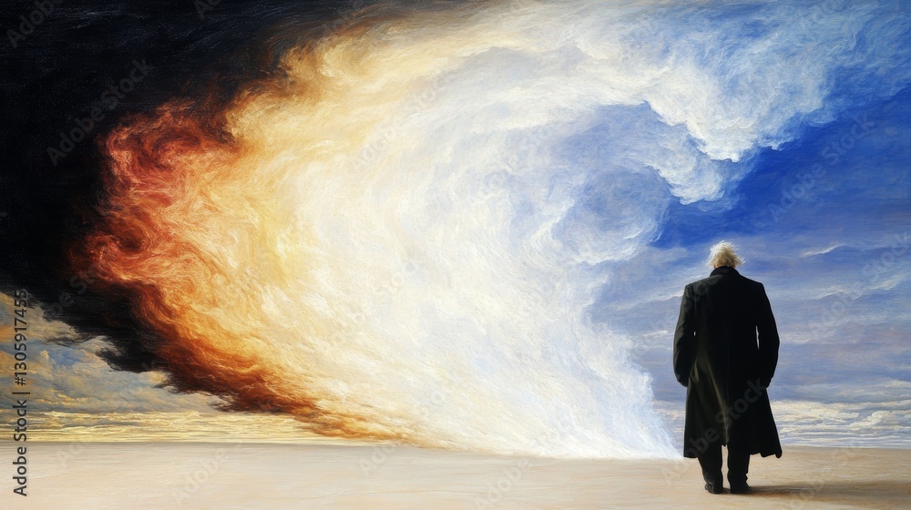 A lone figure stands before a dramatic, swirling sky, a scene of fiery oranges and calming blues. A lone figure stands before a dramatic, swirling sky, a scene of fiery oranges and calming blues.