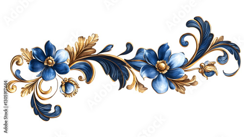 A blue and gold flower design with a gold leaf
